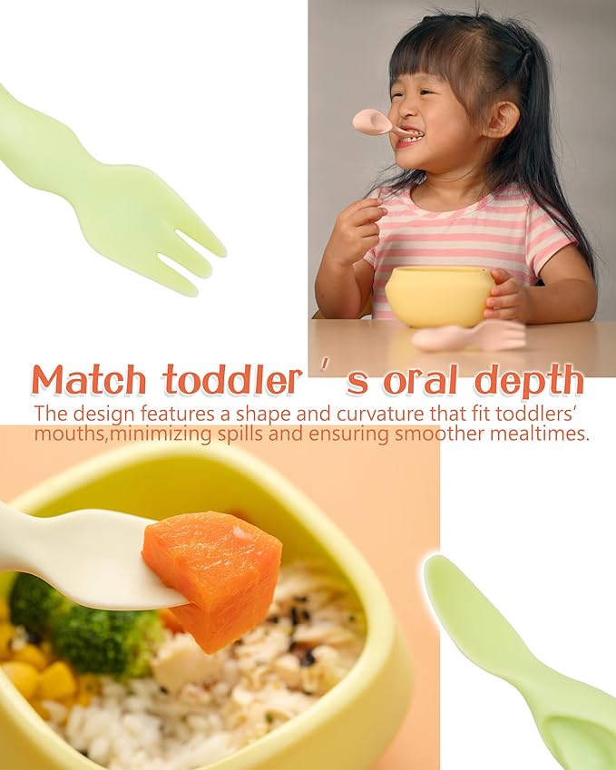 Toddler Utensils Set Ergonomic Fork and Spoon and Bowl Set Non-Slip Design for baby 12+ Month Self-Feeding Olds BPA Free Silicone Microwave and Dishwasher Safe Fine Motor Skills (Green)