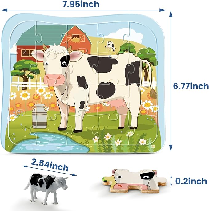 Wooden Farm Animal Puzzles for Kids Ages 4-6, 4 in 1 Gift Box 4-Pack 20-Piece Jigsaw Puzzles Come with 4 Small Animal Figures,Preschool Educational Toys Gifts for Kids Boys Girls Ages 3+