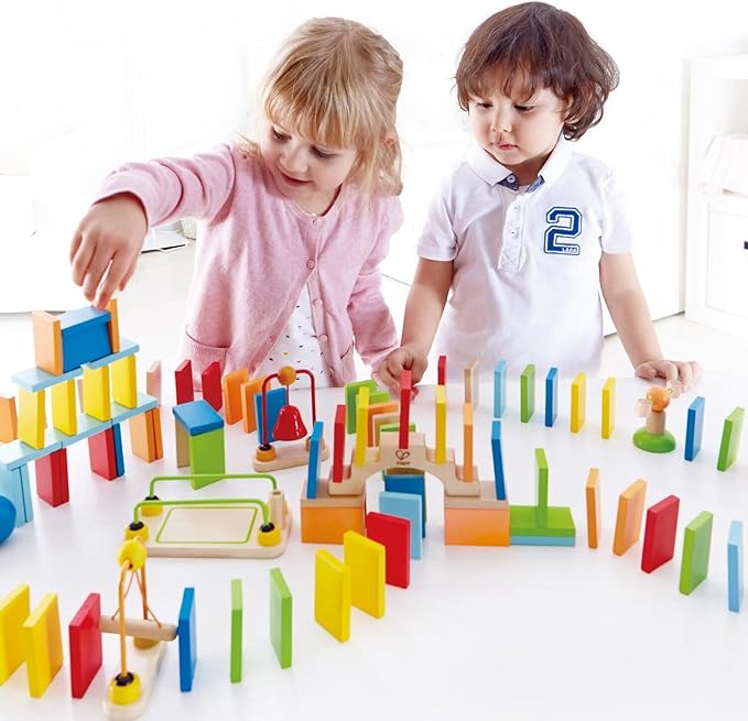 Hape Dynamo Wooden Domino Set Award Winning Domino Racing Building Block Set for Kids, 107 Solid Pieces of Fun Filled Racing, Building and Stacking
