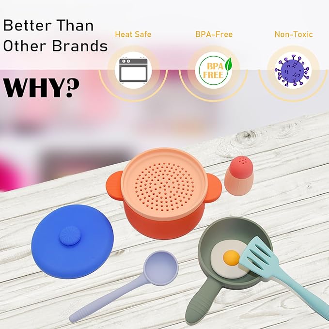 Play Kitchen Accessories, Silicone Pretend Play Kitchen Toys Set, Play Kitchen Pots and Pans Set for Kids, Learning Education Cooking Toys for Girls(Orange)