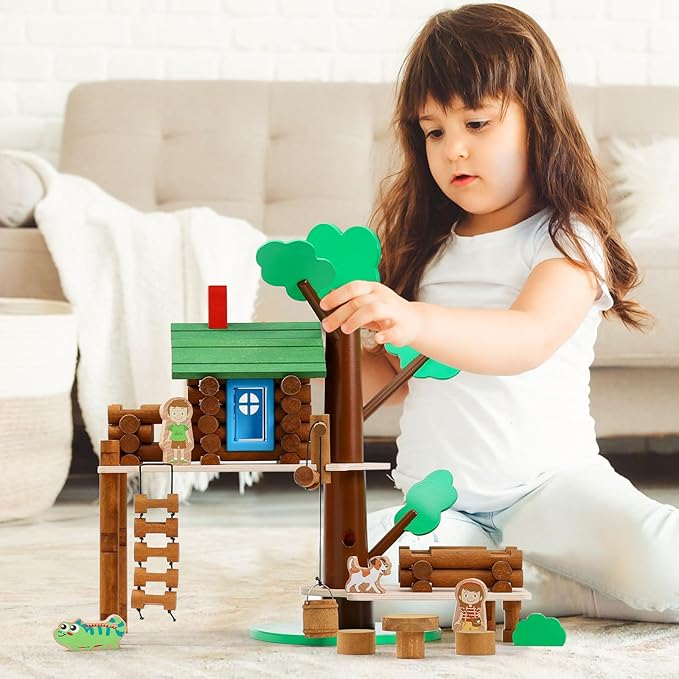 SainSmart Jr. 2-Tier Wooden Tree House Building Set – Educational Gift for Kids, Creative STEM Toy with Cabins and Interchangeable Leaves, STEM Retro Classic Toy Compatible with Lincoln Logs