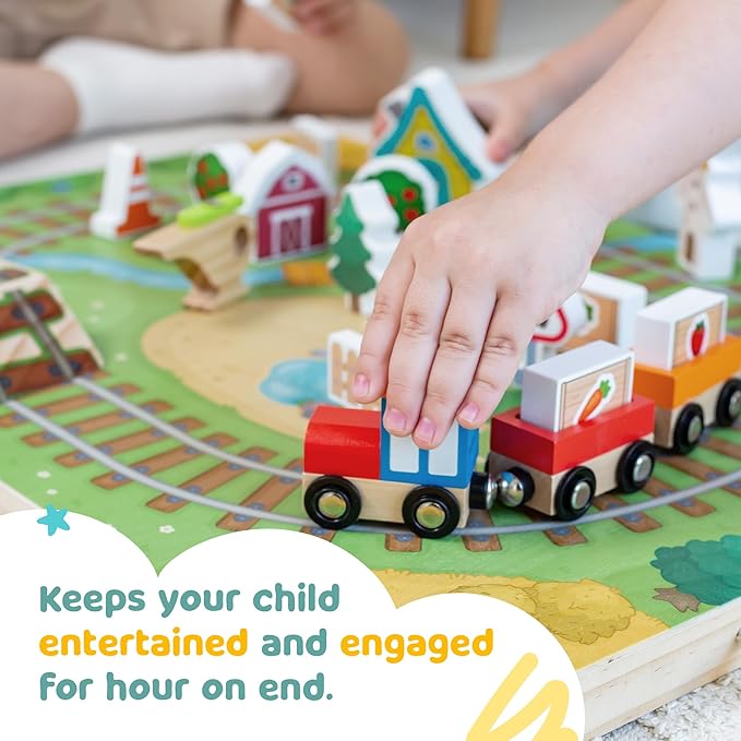 Bimi Boo 26-Piece Wooden Take-Along Tabletop Railroad Play Set for Toddlers - Premium Wood Railway Set for Kids 3+ Year Old - Magnetic Train Kit for Pretend Play - Includes Carry Case with Handle