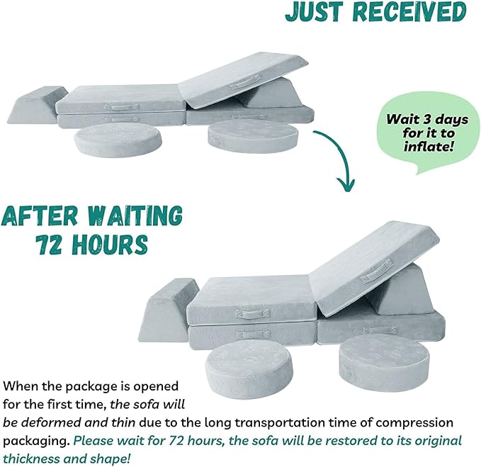 MeMoreCool Modular Kids Play Couch Sofa, Gray 8-Piece Fold-Out Convertible Toddler Couch with Rocket, Star, and Moon Patterns for Playroom