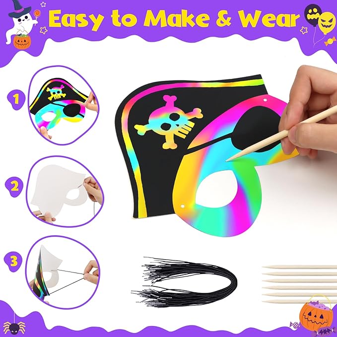 ZMLM Halloween Scratch Mask for Kid: 24 Pcs Rainbow Scratch Paper Mask Craft Kit Halloween Themed DIY Art Craft Mask for Girl Boy Age 3 4 5 6 7 8 9 Year Old Bat Pumpkin Gift Party Favor Set