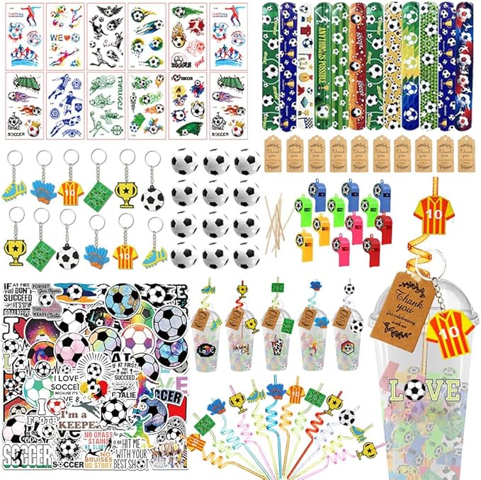 Soccer Party Favors, 172 pcs Birthday Party Supplies contains Cups, Straws, Whistles, Bracelets, Keychains, Stickers, Soft Balls, Tatoo Stickers, Thank You Tags for Sport Themed Birthday Decors