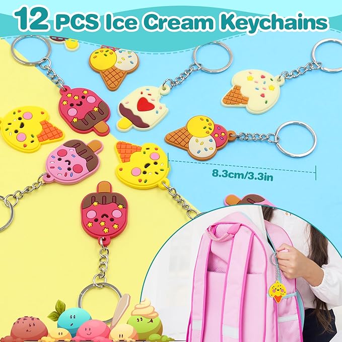 110 PCS Ice Cream Party Favors Set - Fun and Colorful Party Supplies for Kids, Includes Drinking Straws, Wristbands, Macaron Bubble Wands, Stamps, Keychains, and Stickers