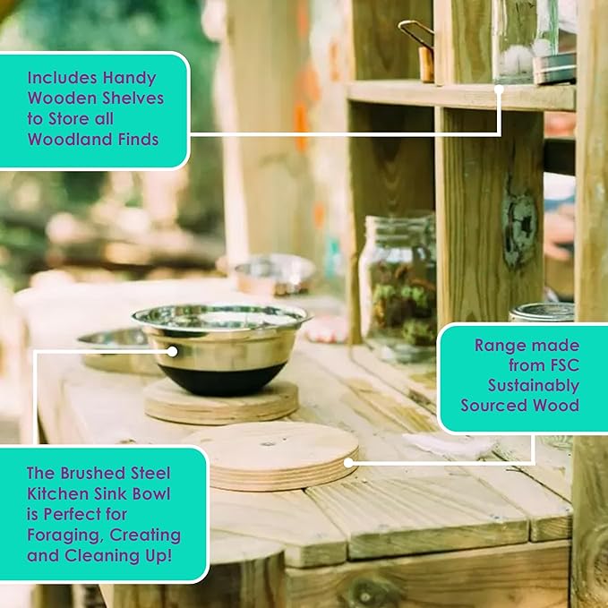 Plum Discovery Mud Pie Kitchen for Kids Outdoor Toys - Play Toy Kitchen with Accessories, Wooden Kids Kitchen Playset, with Built-in Gardening Planter and Painting Easel for Kids Age 3+