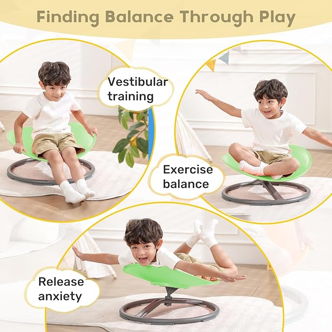 BABAMU Autism Kids Swivel Chair,Sit and Spin Chair for Kids,ADHD Sensory Integration Therapy,Training Body Coordination,Wobble Disk for Toddlers,Improve Focus,Metal Base Non Slip Safer(Green)