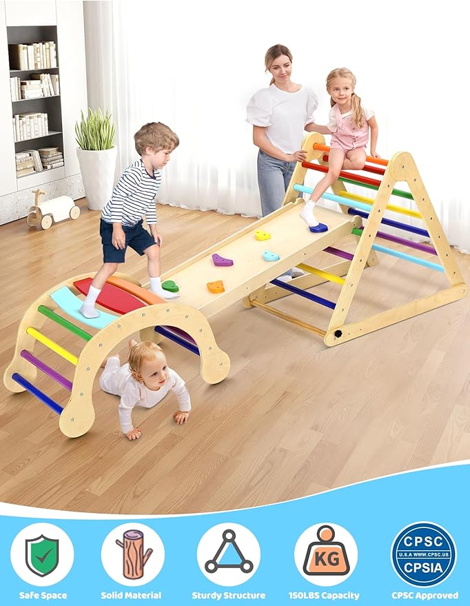 YOLEO Large Pikler Triangle Set, Wooden Toddler Climbing Toys Indoor with Safer Sturdy Base, Montessori Pikler Triangle Climbing Set for Kids' Indoor Climber & Playground & Jungle Gym (Rainbow)