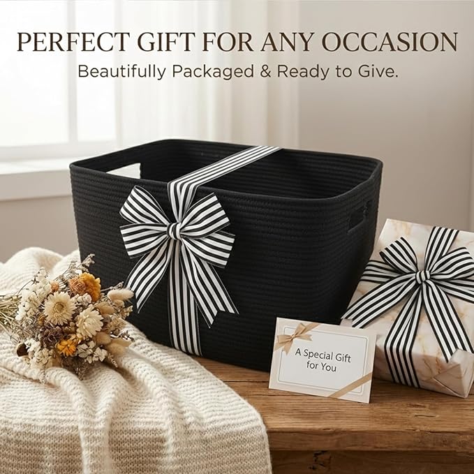 JMvicyroam Woven Blanket Basket,65L Large Storage Bin for Blankets Toys Clothes,Decorative Rope Basket for Living Room Bedroom with Handles, Black