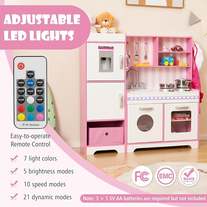 KOTEK Play Kitchen with Lights and Sounds, Wooden Toddler Kitchen Playset w/Ice Maker, Washing Machine, 16 Accessories & Stove, Chef Pretend Play Toy Kitchen Set for Kids Girls & Boys Ages 3+ (Pink)