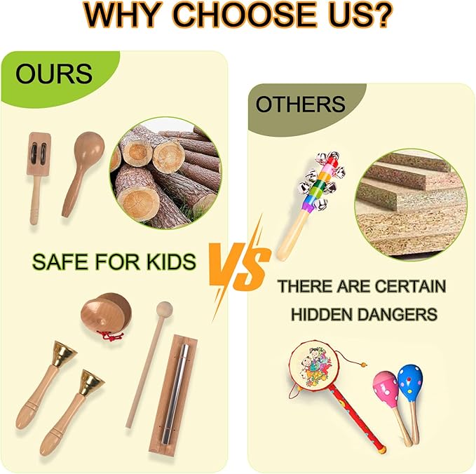 Wooden Musical Instruments Set for Toddlers 1-3, Natural Wood Percussion Instruments Xylophone Gift Set for Girls Boys Kids ,Preschool Educational Musical Toys with Storage Bag (Log Color)