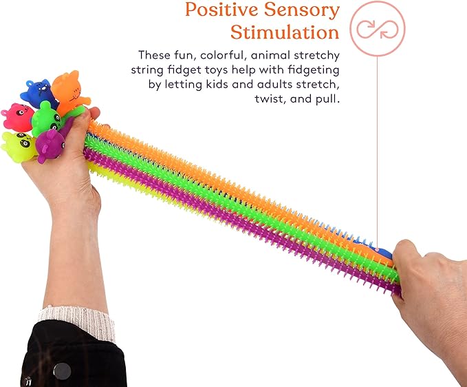 Special Supplies Kid’s Sensory Toys Fidget Strings with Cute Animal Faces, Set of 12, Tactile Stimulation for Hand-Eye Coordination, Textured Stretchy Silicone, Fun for Girls and Boys