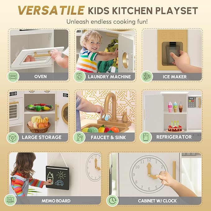 BIERUM Coner Wooden Play Kitchen with Real Lights & Sounds, Trendy Home Style Kitchen Playset, Toy Kitchen with 28 Pcs Toy Food & Cookware Accessories, Gift for Boys & Girls Ages 3+