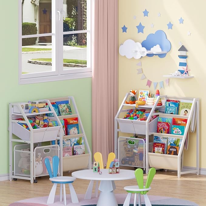 Kids Bookshelf and Toy Storage Organizer - 3 Tier Book Shelf for Kids Rooms with Movable Drawer, Kid Bookcase with 2 Toy Bins, Toddler Baby Childrens Bookshelf, for Bedroom Playroom Classroom (White)