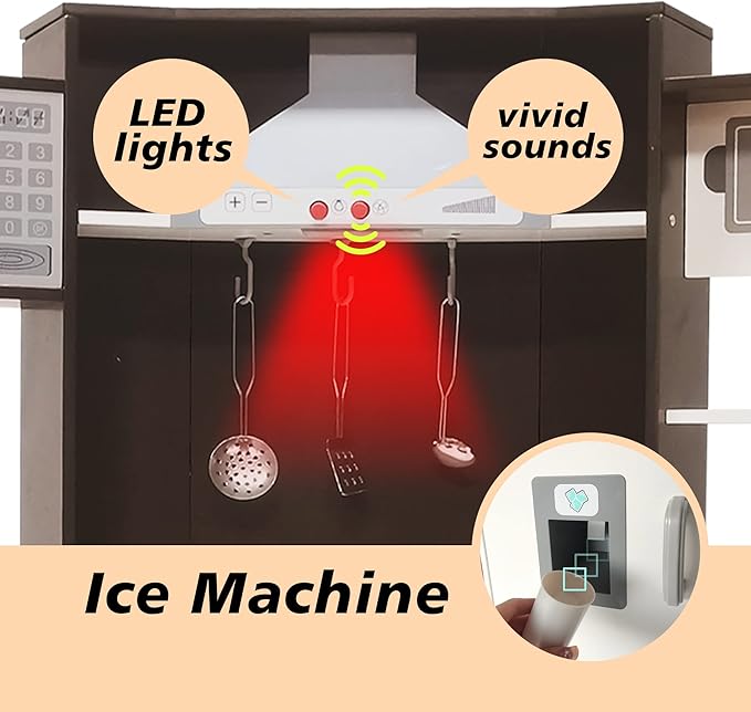TaoHFE Corner Play Kitchen with Lights & Sounds Brown Kitchen Kids Toddler Kitchen Set with Washer, Chalkboard Wooden Kitchen Kids Playset with Washing Machine Range Hood Boys Gift for Ages 3+