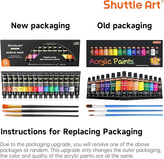 Shuttle Art Acrylic Paint Set, 15 x 12ml Tubes Artist Quality Non Toxic Rich Pigments Colors Perfect for Kids Adults Beginners Artists Painting on Canvas Wood Clay Fabric Ceramic Crafts
