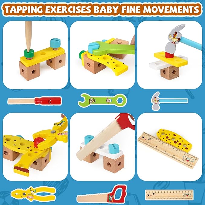 Wooden Kids Tool Set, Toddler Tool Kit with Wooden Toolbox,Construction Set for Kids,Educational DIY Construction STEM Toy, Animal Building Blocks Assembly, Preschool Learning Gift for Boys and Girls