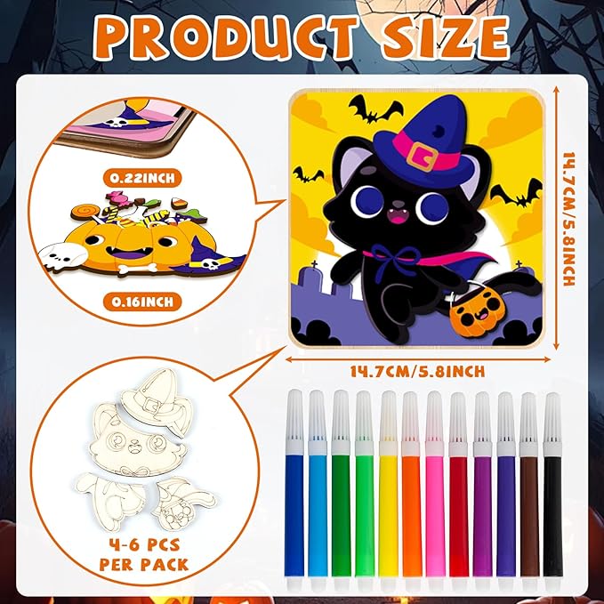 12 Pack Halloween Wooden Puzzles for Toddlers Halloween Puzzles Coloring Craft Kits for Kids Boys Girls Montessori Toys Halloween Party Favors Treat Bag Gifts Educational Learning Jigsaw Puzzle