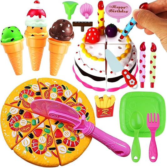 FUNERICA Play Food Goodies Set - Features Cutting Pizza, Ice Cream, Toy Birthday Cake, Fries, Dessert – Pretend Kitchen Toys for Toddlers, Boys, Girls
