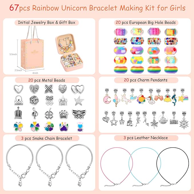 Charm Bracelet Making Kit for Girls 3-12, Kids Jewelry Making Kit 66Pcs Jewelry Kits for Girls Ages 8-12 Jewelry Maker Craft Necklace Birthday Christmas Gifts with Initial Jewelry Organizer Box - F