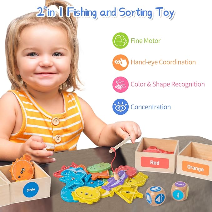Montessori Toys for Toddlers 1-3,Wooden Magnetic Fishing Game Educational Shape & Color Sorting for Kid 3-5,Boy Girl Preschool Learning Motor Skill Matching Activities Toys for Ages 2-4(Box)