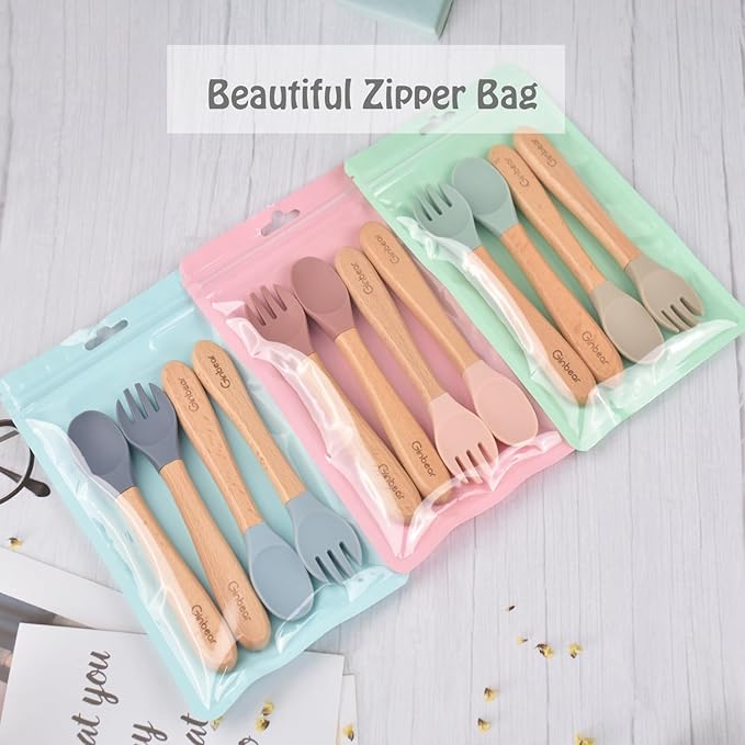 Ginbear Silicone Baby Spoon and Fork Self-feeding, Baby Flatware Sets for Boy, Toddler Feeding Utensils for Child 6 Months+ (Gray/Blue)