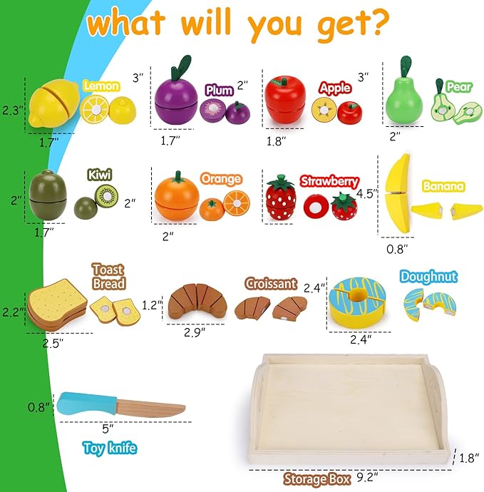 Wooden Pretend Play Food Sets Cutting Toys for Kids Kitchen Accessories Playset Montessori Toys with Toy Knife Velcro Fruit Board Learning Educational Fine Motor Skills Toddler Toys Birthday Gift
