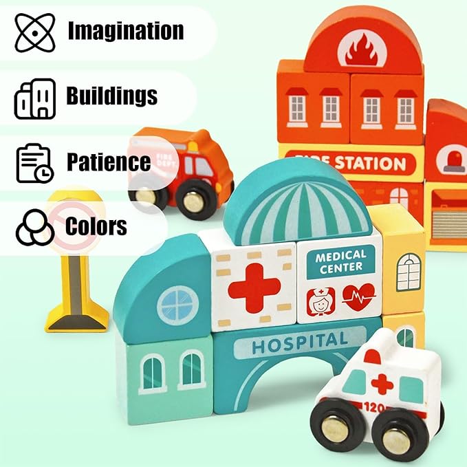 Vileafy Toys Building Blocks Set for Boys and Girls Gift, 56 Pcs Wooden City Stacking Block, Educational Toys for 3 4 5 6 Years Old Kids