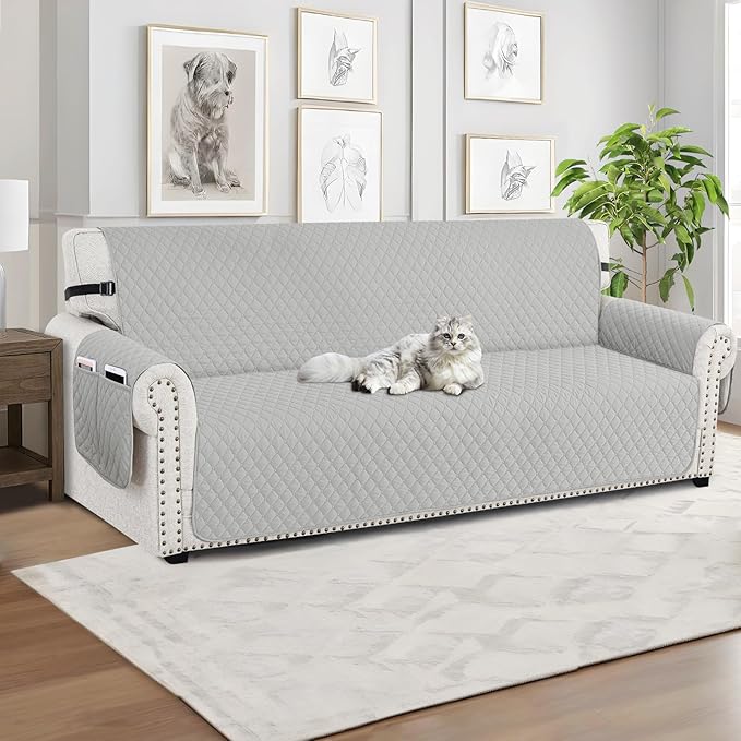 XINEAGE Quilted Sofa Cover Waterproof Couch Covers for 3 Cushion Couch, Super Soft Washable Slipcover with Pockets & Non-Slip Elastic Straps, Thick Furniture Protector (Sofa, Light Grey)