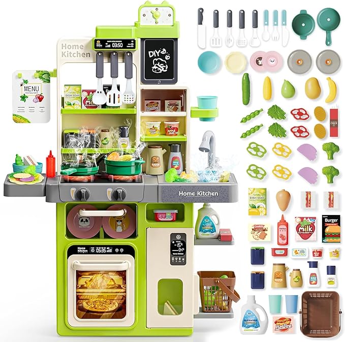 Kids Kitchen Playset, Pretend Kitchen Toys for Toddlers with 63 Pcs Toy Kitchen Accessories, Realistic Lights & Sounds, Spray, Play Sink, and Play Food - Kitchen Set for Girls Boys Aged 3 4 5+ (Green)