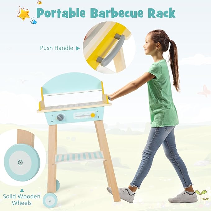 INFANS Kids Grill Playset, Wooden Pretend BBQ Toy Set with 21 Food Accessories, Role Play Kitchen Cooking Set Gift for Toddlers Boys Girls Age 3+