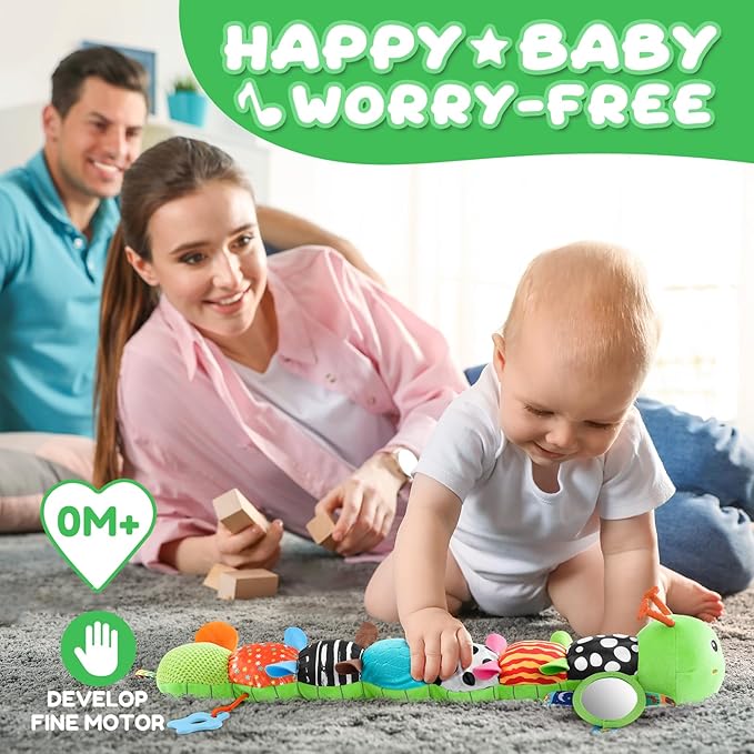 AWOTOY Baby Toys 0-6-12 Months,Musical Caterpillar Stuffed Animals Activity Infant Toys with Crinkle,Rattles,Mirror&Pull String,Muti-Sensory Toys Gifts for Newborn Tummy Time,Kelly Green|Leafy