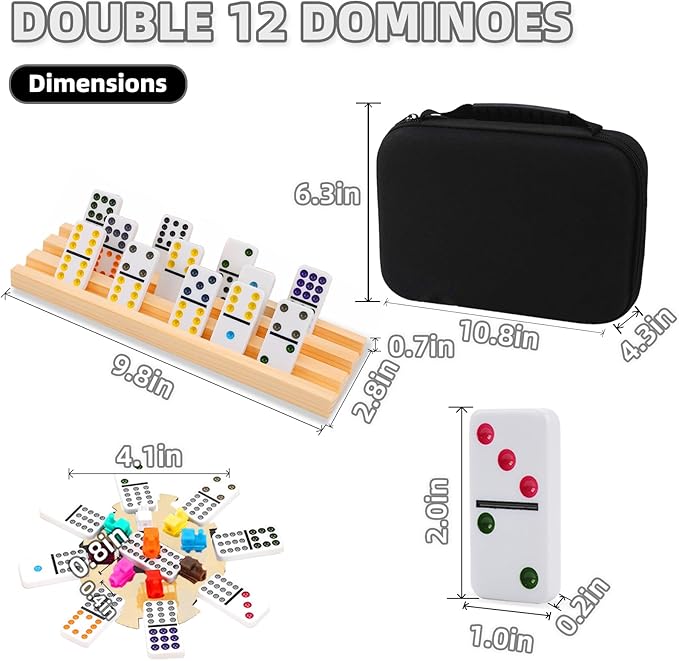 Upgraded Mexican Train Dominoes Set with Wooden Hub and 4 Racks/Trays,Double 12 Dominos Set for Kids, Adults Travel Set with 91 Tiles and Carry Case, Classic Board Games for Family Night