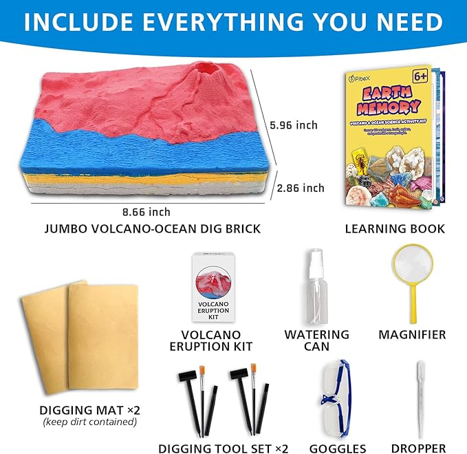 Volcano & Ocean Fossil Dig Kit, Dig up 20+ Real Fossils, Rocks, Shells & Sea Snails with Eruption Experiments, Earth Science Geology Kit for Kids, STEM Toy Gift for Boys & Girls Age 6-8-12