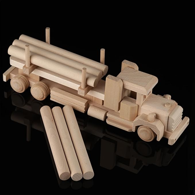 Wood DIY Car Toys - Retro Logging American Truck with Cargo - Paintable Educational Toys for Kids Ages 3+ Wooden Toys for Childrens & Adults - Paint Your own Truck