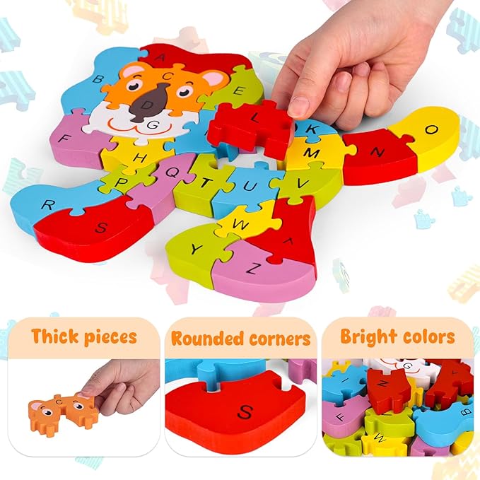 LovesTown Lion Wooden Puzzle, 26PCS Jigsaw Puzzle Alphabet and Number Blocks Animal Wooden Building Blocks for Kid Preschool Education