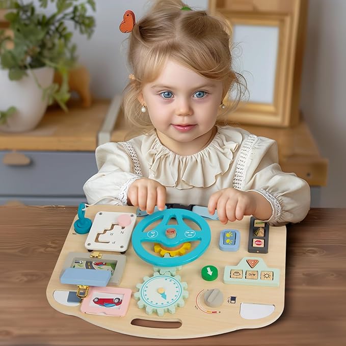 Montessori Wooden Toddler Toys, Busy Board for 1-4 Year Olds, Sensory Activity Board for Fine Motor Skills, Travel Educational Sensory Toys for Boys & Girls