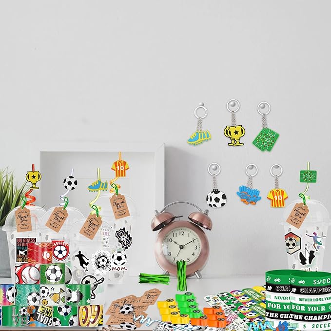 Soccer Party Favors 184 Pcs Soccer Birthday Party Decoration With Cups Straws Slap Bracelets Whistles Wristbands Keychains Stickers Thank you Tags for Sports Party Supplies (Soccer)