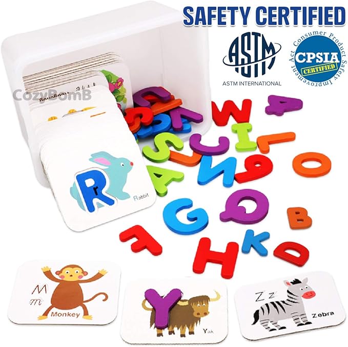CozyBomB™ Toddler Alphabet Flash Cards - Preschool Activities Learning Montessori Toys ABC Wooden Letters Jigsaw Numbers Alphabets Puzzles Flashcards for Age 2 3 4 Years Old Educational for Kids Baby