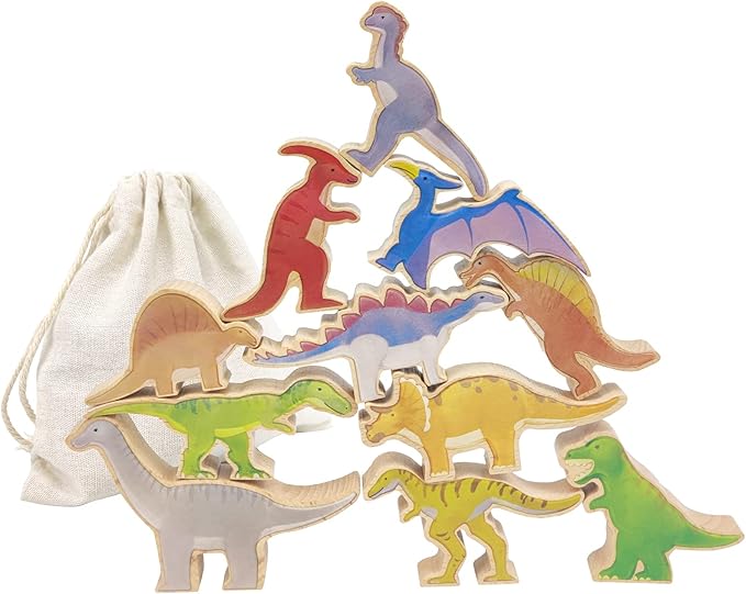Xylolin Wooden Dinosaur Blocks Stacking and Balancing Toys, Toddler Wood Dinosaur Figures Blocks Imaginative Play, Preschool Educational Toys Gifts and Stack Balance Games for Kids