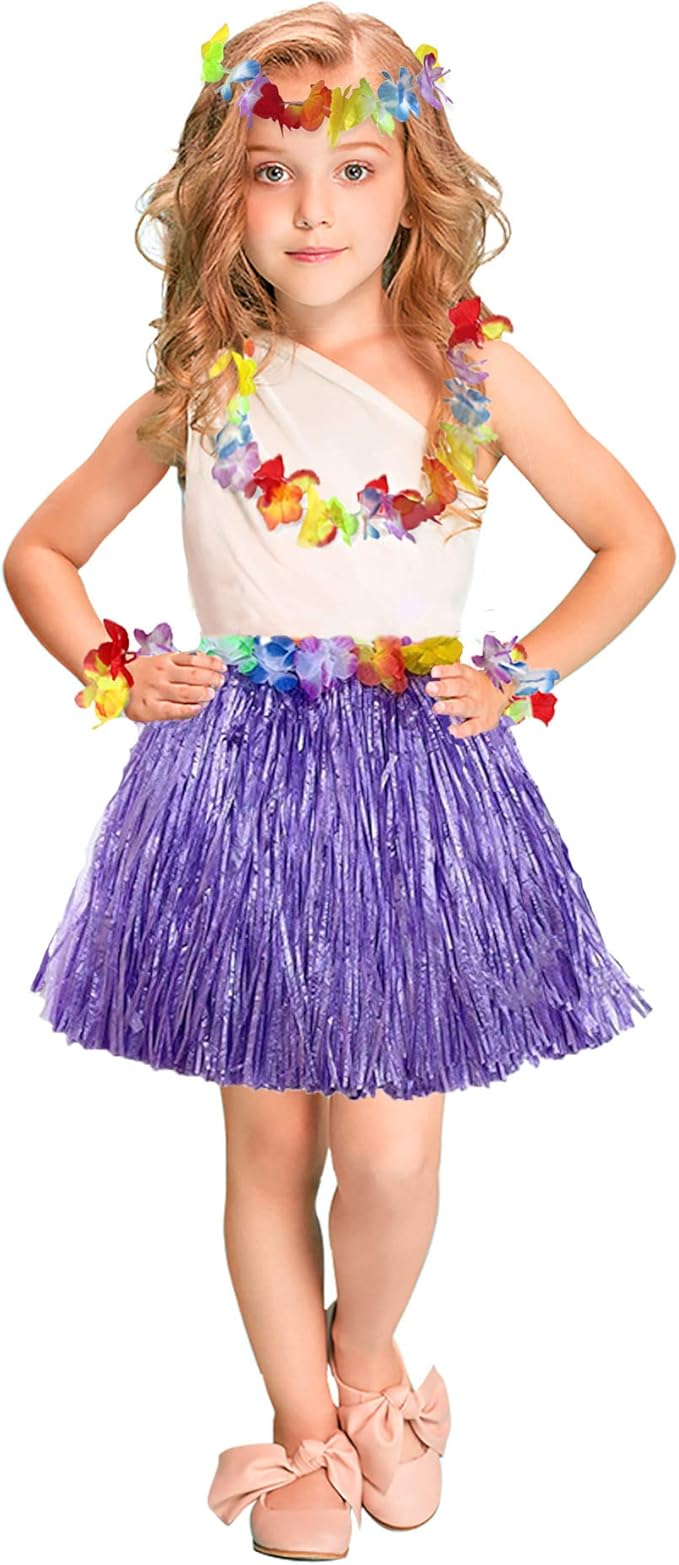 Fortuning's JDS Girl's elastic Hawaiian hula dancer grass skirt with flower costume set -purple Birthday Tropical Party Decorations