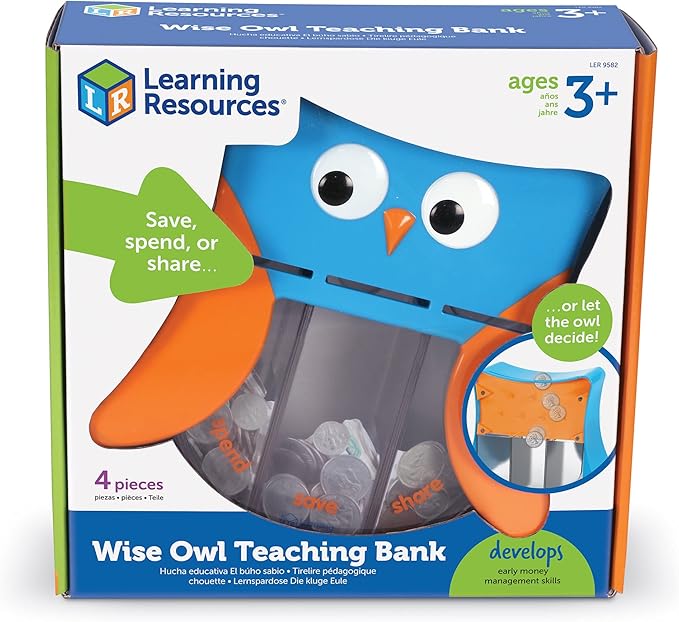 Learning Resources Wise Owl Teaching Bank - 4 Pieces, Ages 3+ Toddler Learning Toys, Play Money Toy for Kids, Save Spend Give Bank