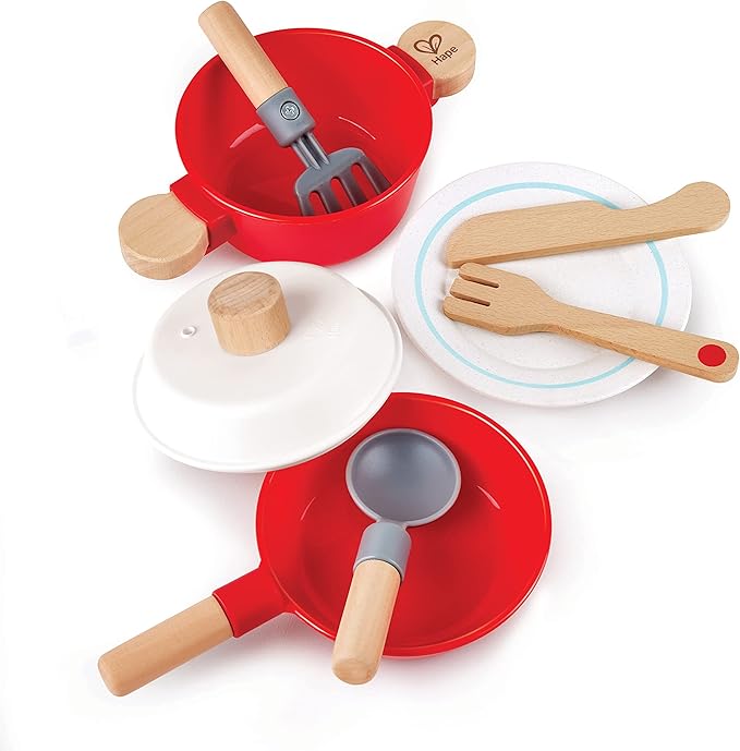 Hape: Little Chef Cook & Serve Set - 8pc Red & White, Wooden Kitchen Toy Playset, Pot & Pan, Cooking & Serving Utensils, Pretend Play, Kids Ages 3+
