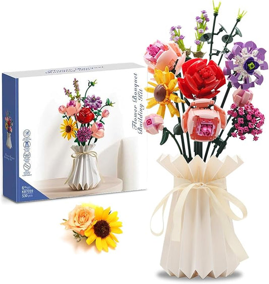 Compatible with Lego Flowers Bouquet, Flower Building Toy Set, Building Block Sets for Adults and 6+ Ages Kids, 530pcs Botanical Collection & Table Art, Gifts for Birthday and Christmas(White Vase)