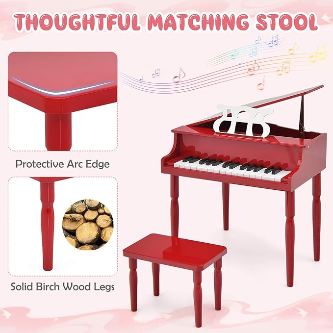 Goplus 30-Key Classical Kids Piano, Mini Grand Piano Wooden Learn-to-Play Musical Instrument Toy with Bench, Piano Lid, Music Rack, Gift for Boys Girls Aged 2+ Baby Toddler (4 Straight Leg-Red)