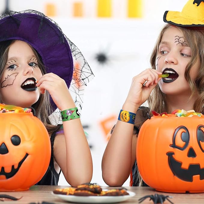 48 Pieces Halloween Slap Bracelets Bulk Party Favors for Kids - 12 Designs Snap Bracelets for Halloween Decorations, Halloween Goodie Treat Bag Stuffers Classroom Prizes Exchanging Gifts Supplies