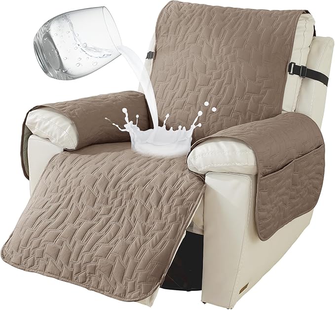100% Waterproof Recliner Chair Covers for Reclining Chair, Large Recliner Covers That Stay in Place, Non-Slip Recliner Armchair Cover with Pockets for Kids, Pets, Dogs, Cat, Washable,Khaki,28IN