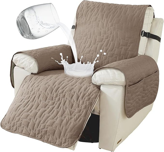 100% Waterproof Recliner Chair Covers for Reclining Chair, Large Recliner Covers That Stay in Place, Non-Slip Recliner Armchair Cover with Pockets for Kids, Pets, Dogs, Cat, Washable,Khaki,28IN