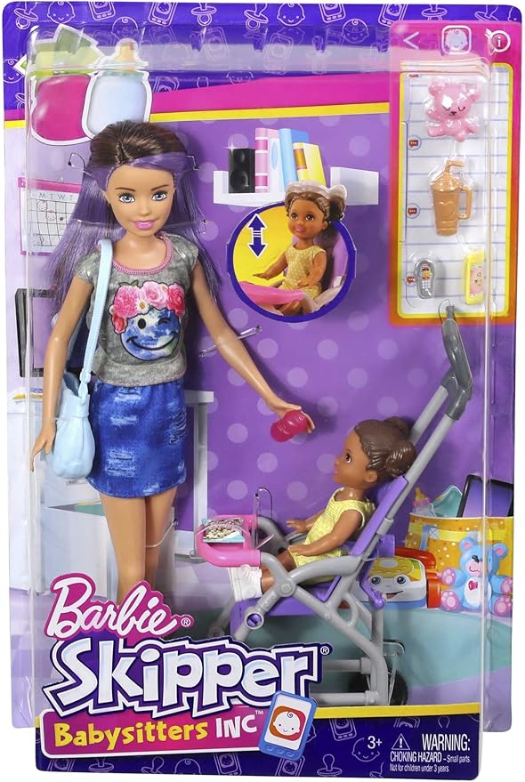 Barbie Skipper Babysitters Inc 2 Dolls & Accessories, Set with Brunette Skipper Doll, Small Doll & Bouncy Stroller (Amazon Exclusive)